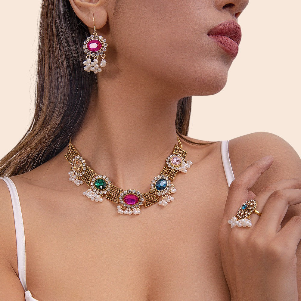 Vintage Pearl Flower Statement Necklace & Earring Set