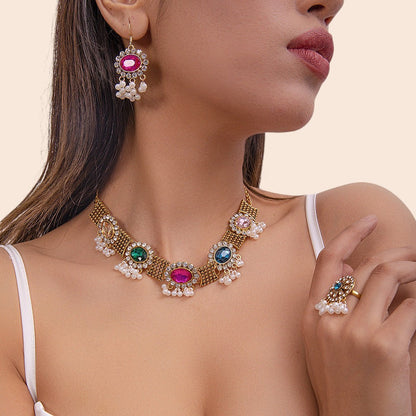Vintage Pearl Flower Statement Necklace & Earring Set