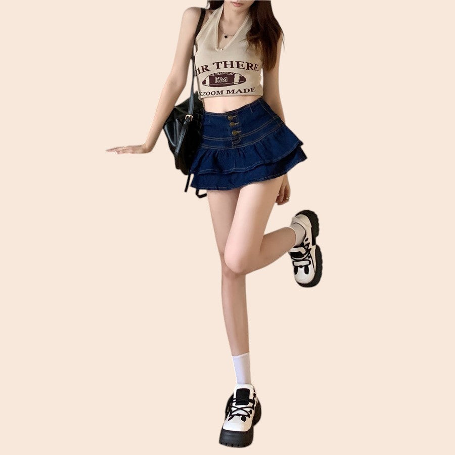 Ruffle Layered Denim Mini Skirt