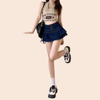 Ruffle Layered Denim Mini Skirt