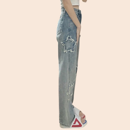 Star Patch High-Waist Straight Leg Jeans