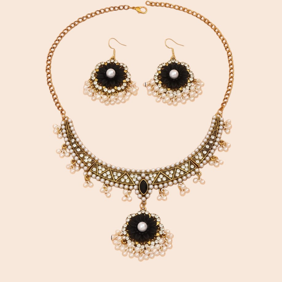 Vintage Pearl Flower Statement Necklace & Earring Set