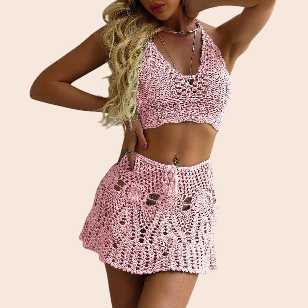 Crochet Halter Bikini & Mini Skirt Set