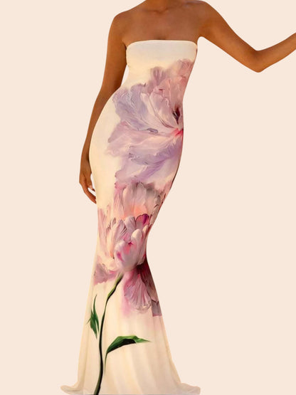 My Store strapless maxi dress featuring a bold abstract floral print on a cream background with a mermaid hem.