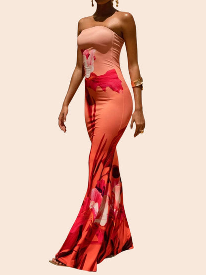My Store strapless maxi dress in peach and red with a bold abstract floral print and a flared mermaid hem