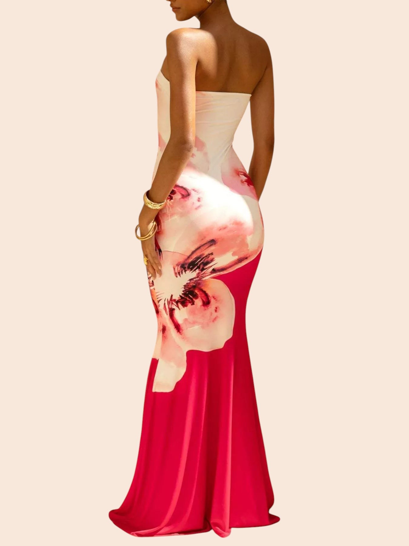 My Store strapless maxi dress with a bold abstract floral print in pink and white, featuring a mermaid silhouette.