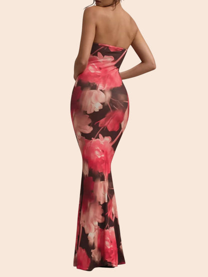 My Store strapless maxi dress in a vibrant pink and black abstract floral print with a mermaid silhouette