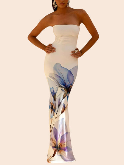 My Store strapless maxi dress in cream with a blue and purple abstract floral print and a mermaid silhouette