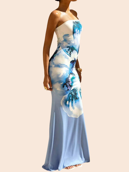 My Store strapless maxi dress in white and blue abstract floral print with a curve-skimming mermaid silhouette