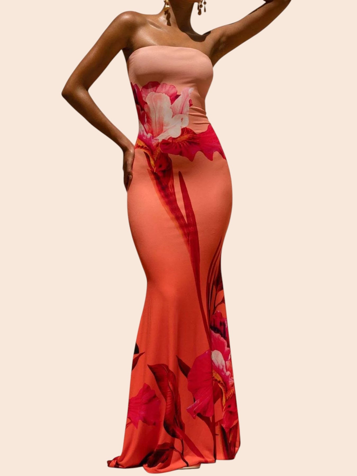 My Store strapless maxi dress in peach and red with a bold abstract floral print and a flared mermaid hem