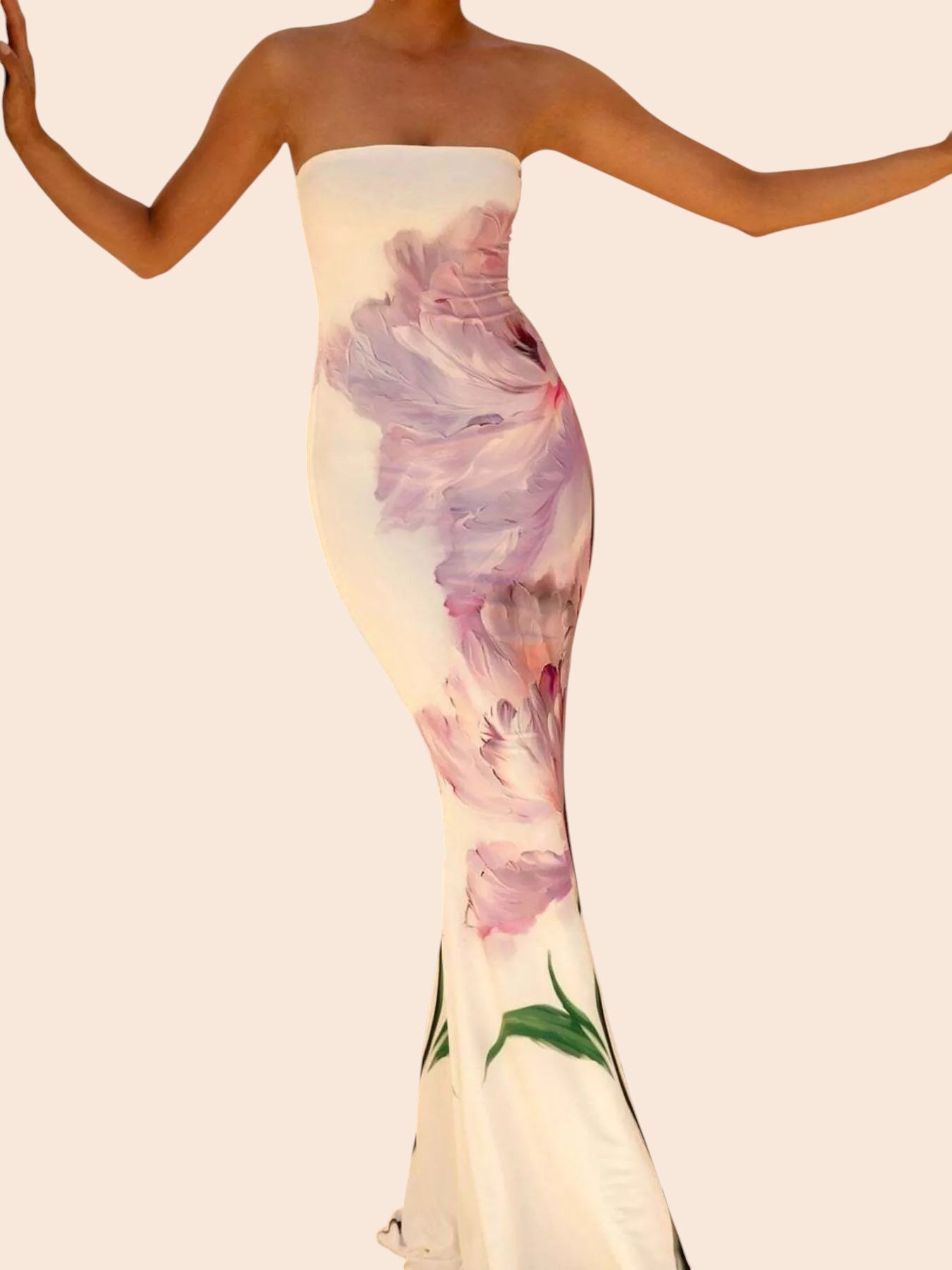 My Store strapless maxi dress with a cream base and bold purple abstract floral print in a curve-skimming mermaid cut