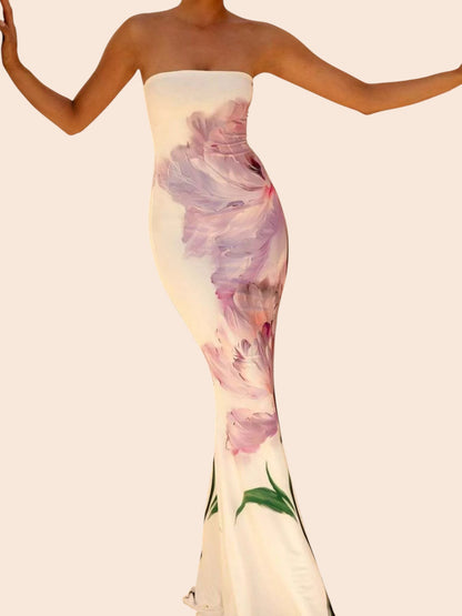 My Store strapless maxi dress with a cream base and bold purple abstract floral print in a curve-skimming mermaid cut