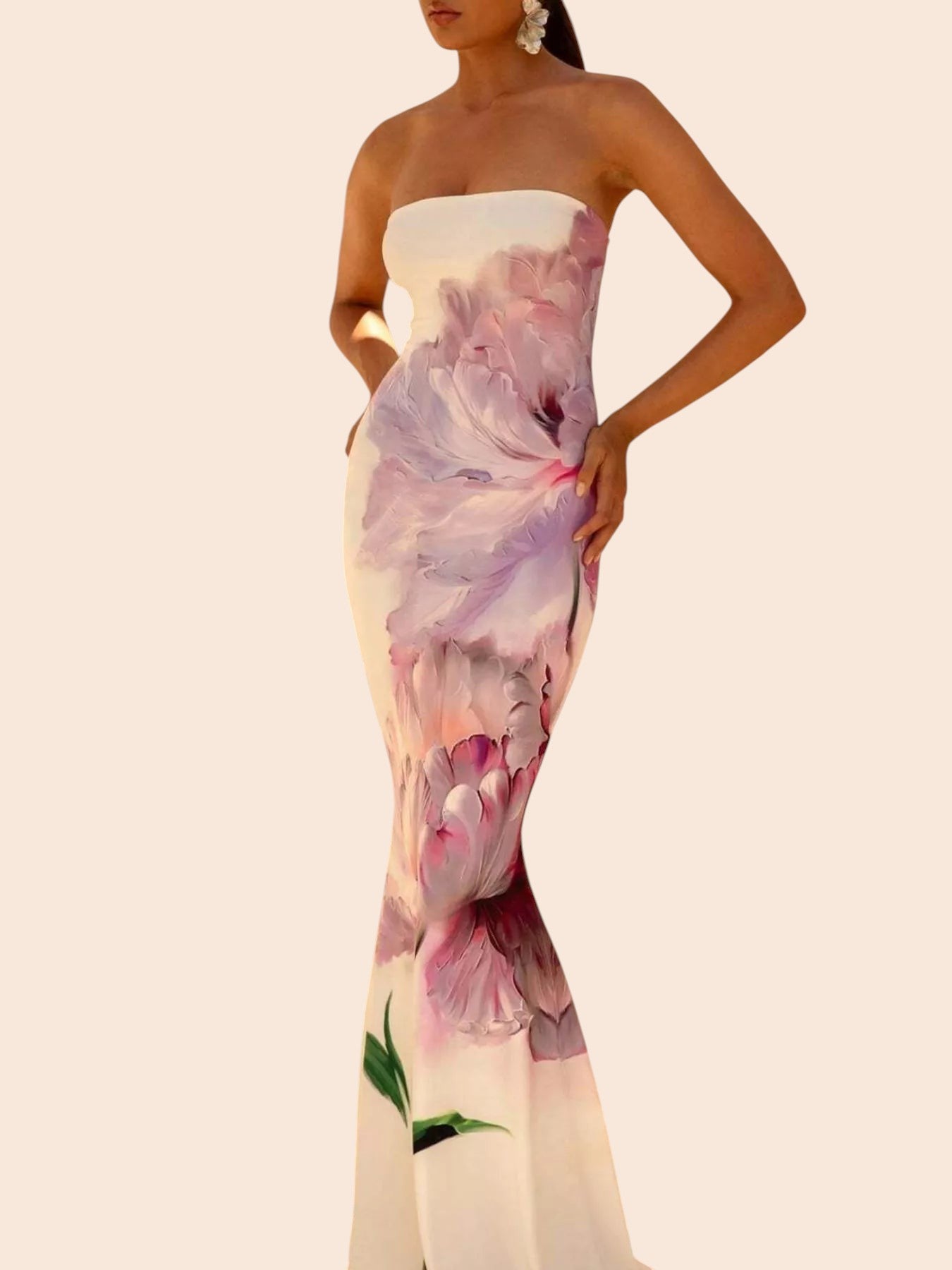 My Store strapless maxi dress featuring a bold purple and pink abstract floral print in a curve-skimming mermaid cut.