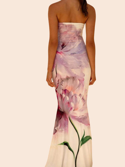 My Store strapless maxi dress with a purple and white abstract floral print and a mermaid silhouette, back view.