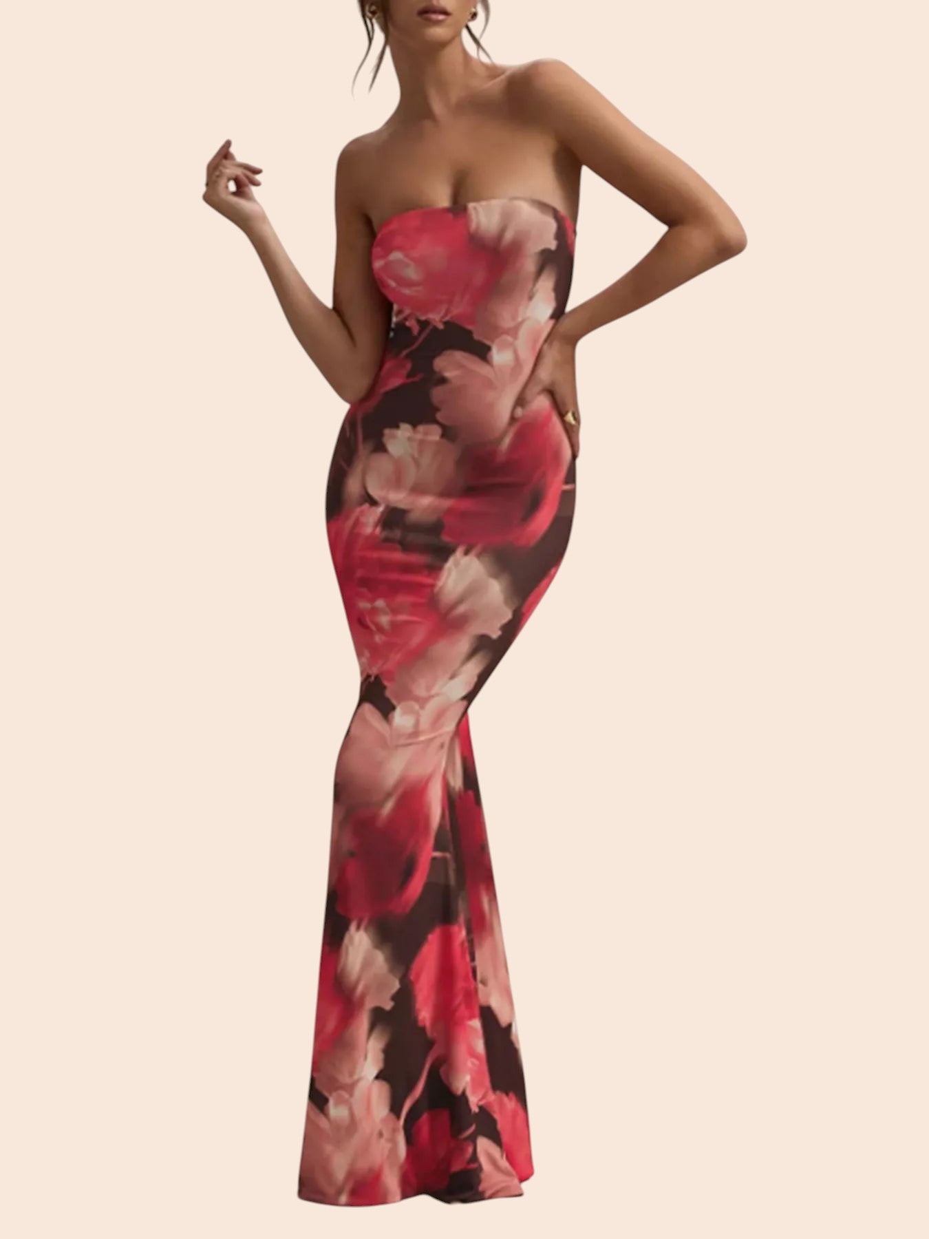 My Store strapless maxi dress in a vibrant pink and black abstract floral print with a mermaid silhouette