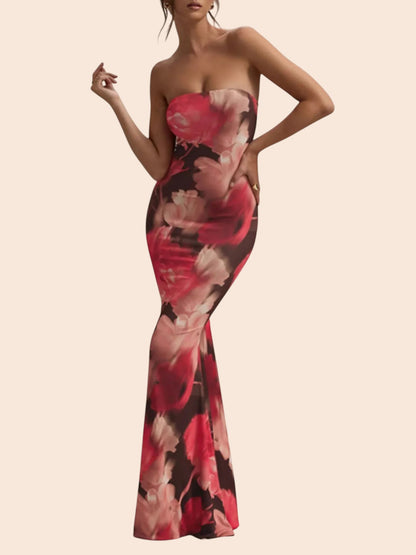 My Store strapless maxi dress in a vibrant pink and black abstract floral print with a mermaid silhouette