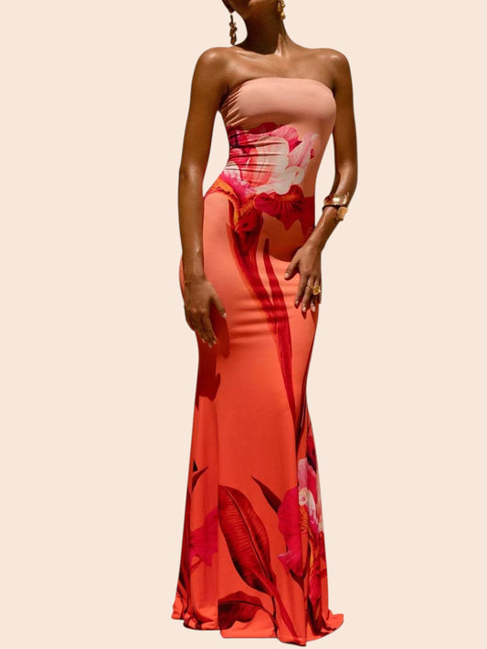 My Store strapless maxi dress in coral with a bold abstract floral print and a curve-skimming mermaid silhouette.