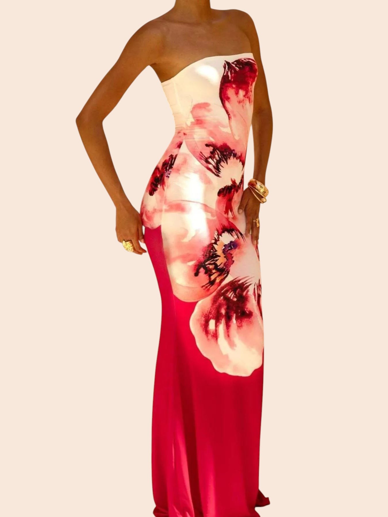 My Store strapless maxi dress featuring a bold pink and white abstract floral print in a curve-skimming mermaid style.