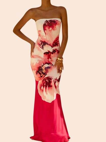 My Store strapless maxi dress featuring a bold red and white abstract floral print and a fitted mermaid silhouette.