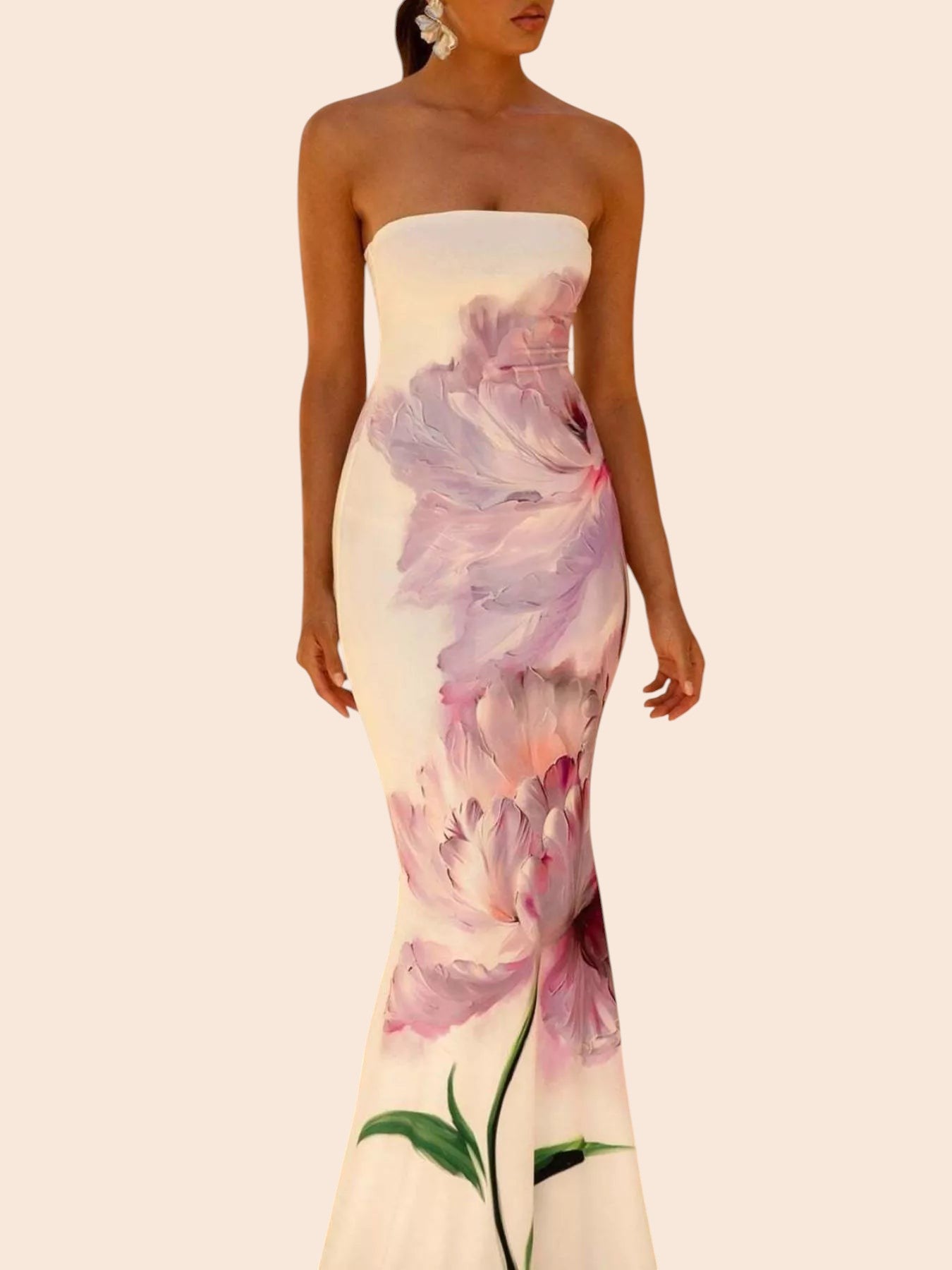 My Store strapless maxi dress featuring a white base with a large purple and pink abstract floral print and mermaid hem