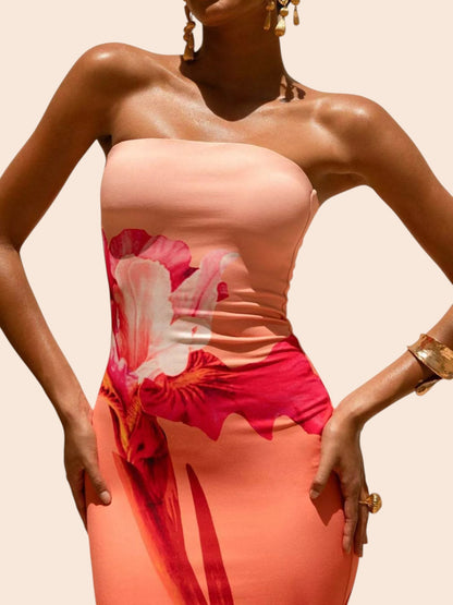 My Store strapless maxi dress in peach with a bold abstract floral print and curve-skimming silhouette