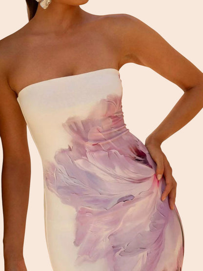 My Store strapless maxi dress in cream with a large purple abstract floral print and curve-skimming silhouette
