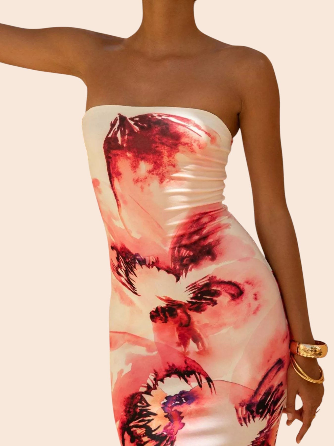 My Store strapless tube maxi dress featuring a vibrant pink and white abstract floral print on smooth polyester fabric.