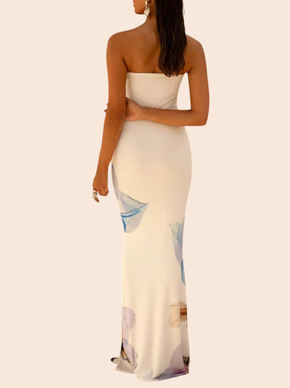 My Store strapless maxi dress with abstract floral print and mermaid hem, back view on a model