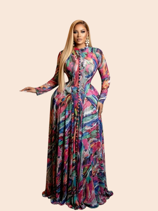 Model wearing a My Store multicolor abstract print long-sleeve maxi dress with elegant ruching and button detailing.