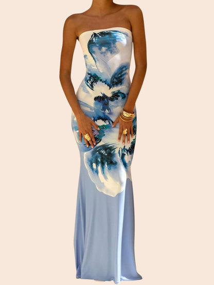 My Store strapless maxi dress featuring a blue and white abstract floral print in a curve-skimming mermaid silhouette.
