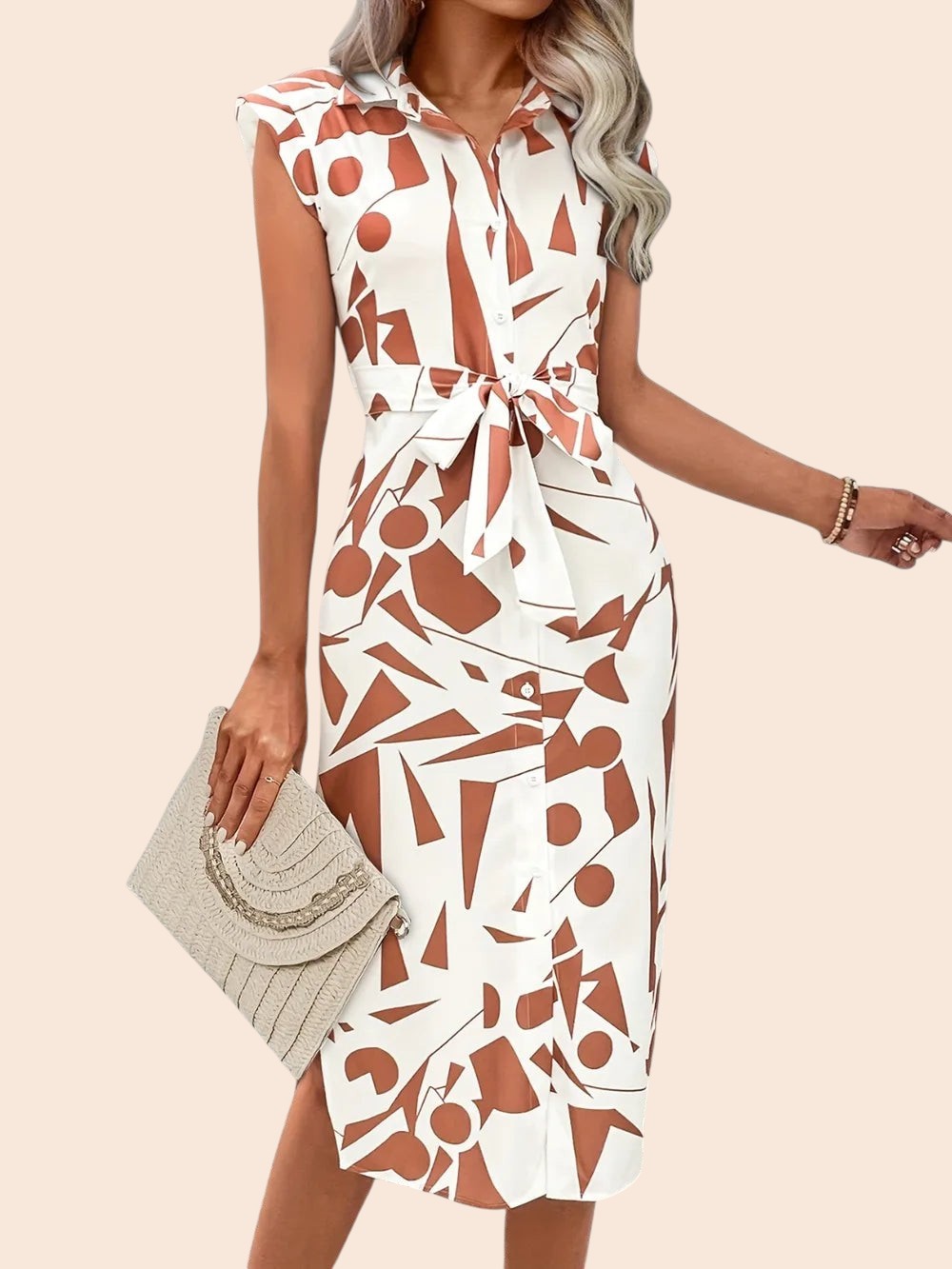 My Store midi dress featuring a white and brown abstract geometric print, cap sleeves, and a removable waist tie.