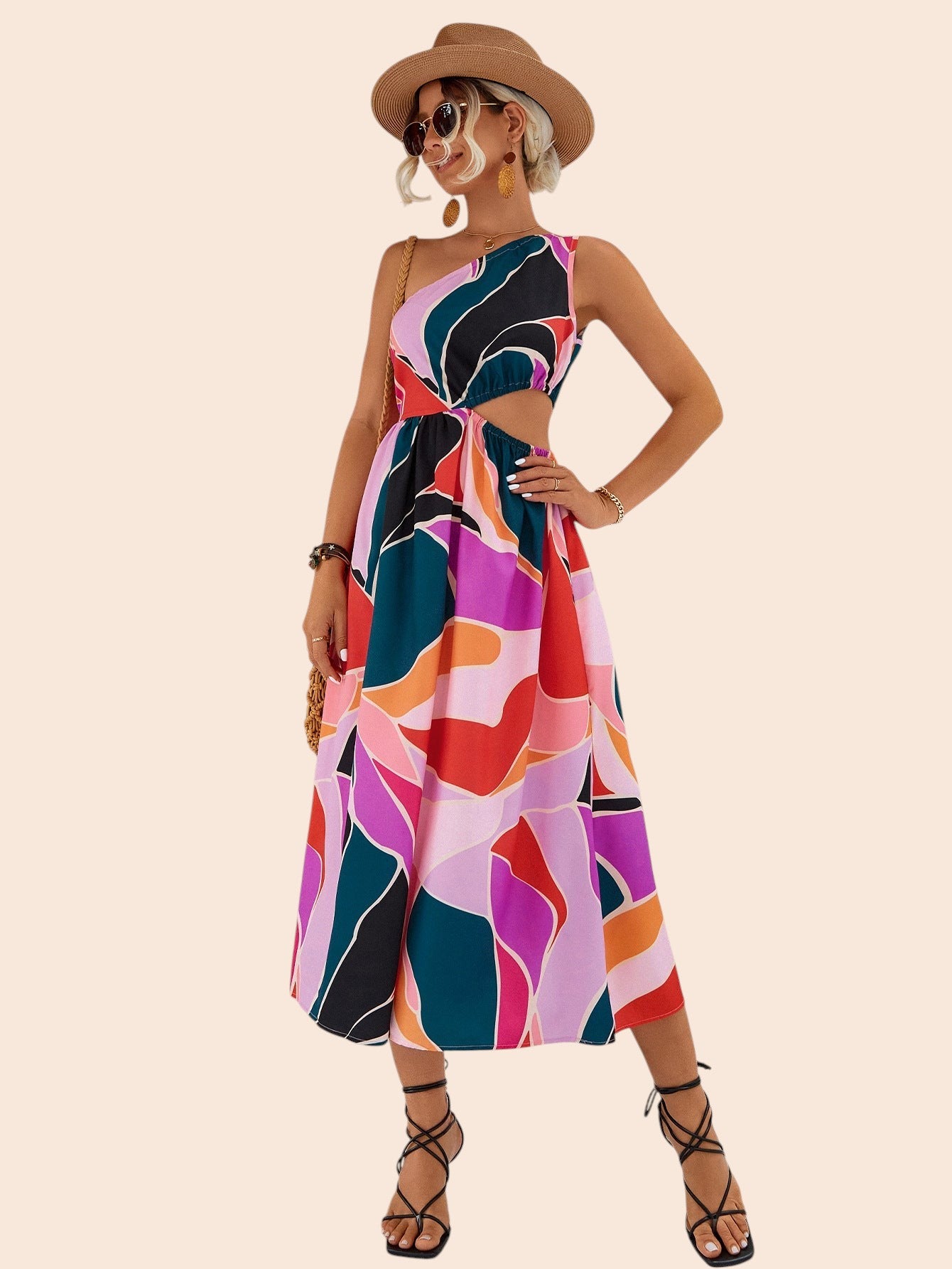 My Store abstract print one-shoulder midi dress with waist cutout worn by a woman with a straw hat and sandals