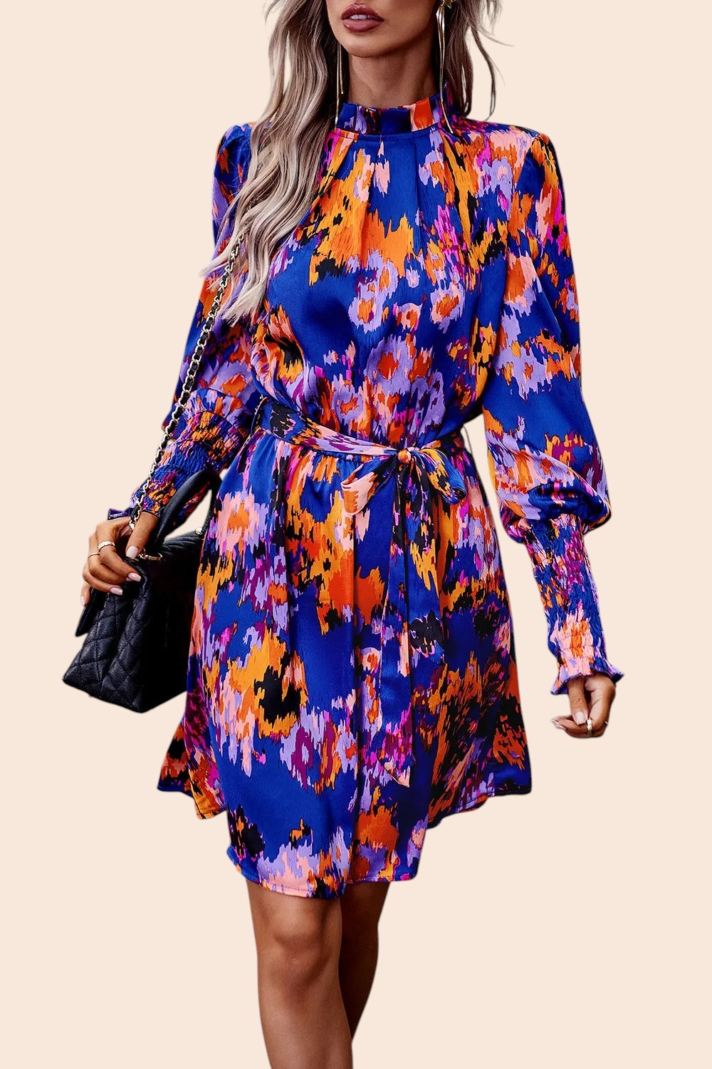 My Store abstract print mini dress with mock neck, long voluminous sleeves, and removable waist tie in vibrant colours