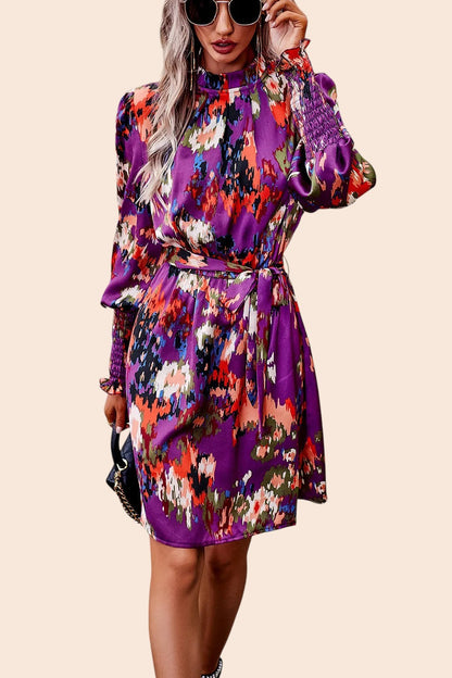 My Store abstract print mini dress with mock neck, voluminous sleeves, and removable waist tie in vibrant purple