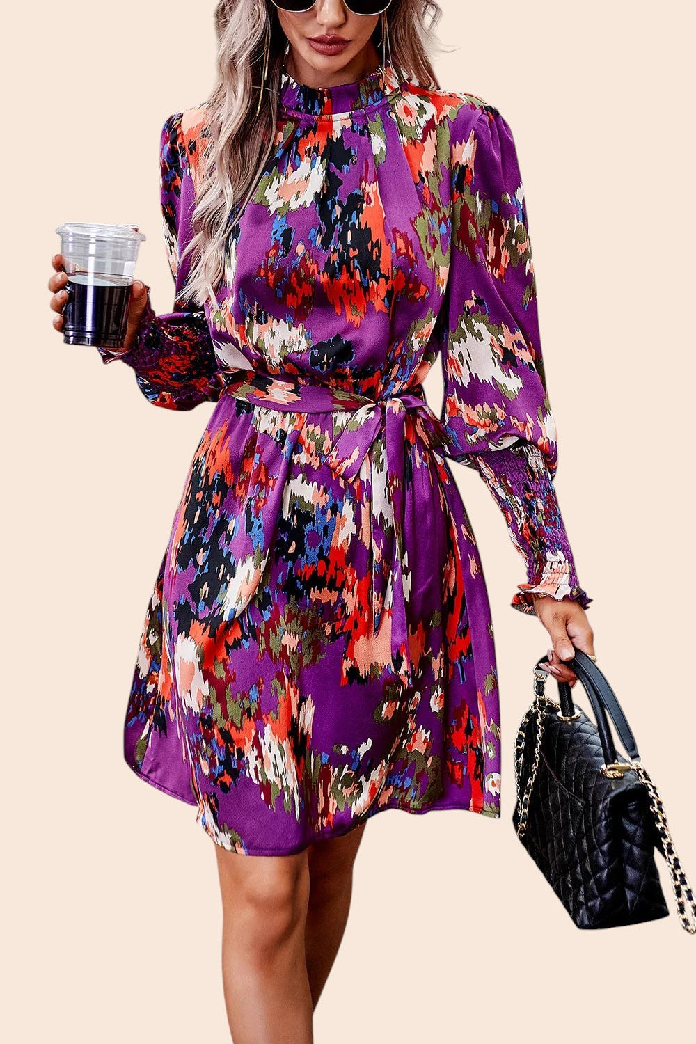 My Store abstract print mini dress with mock neckline, long voluminous sleeves, and removable waist tie
