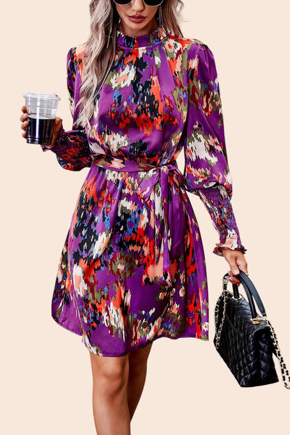 My Store abstract print mini dress with mock neckline, long voluminous sleeves, and removable waist tie