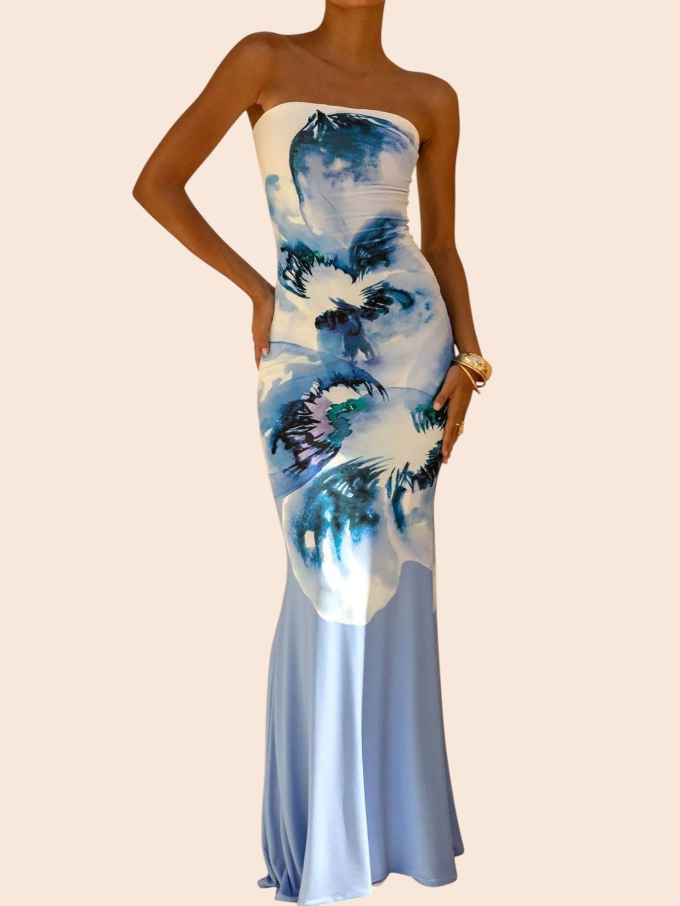 My Store abstract print strapless tube maxi dress with a mermaid hem and blue floral pattern on a model