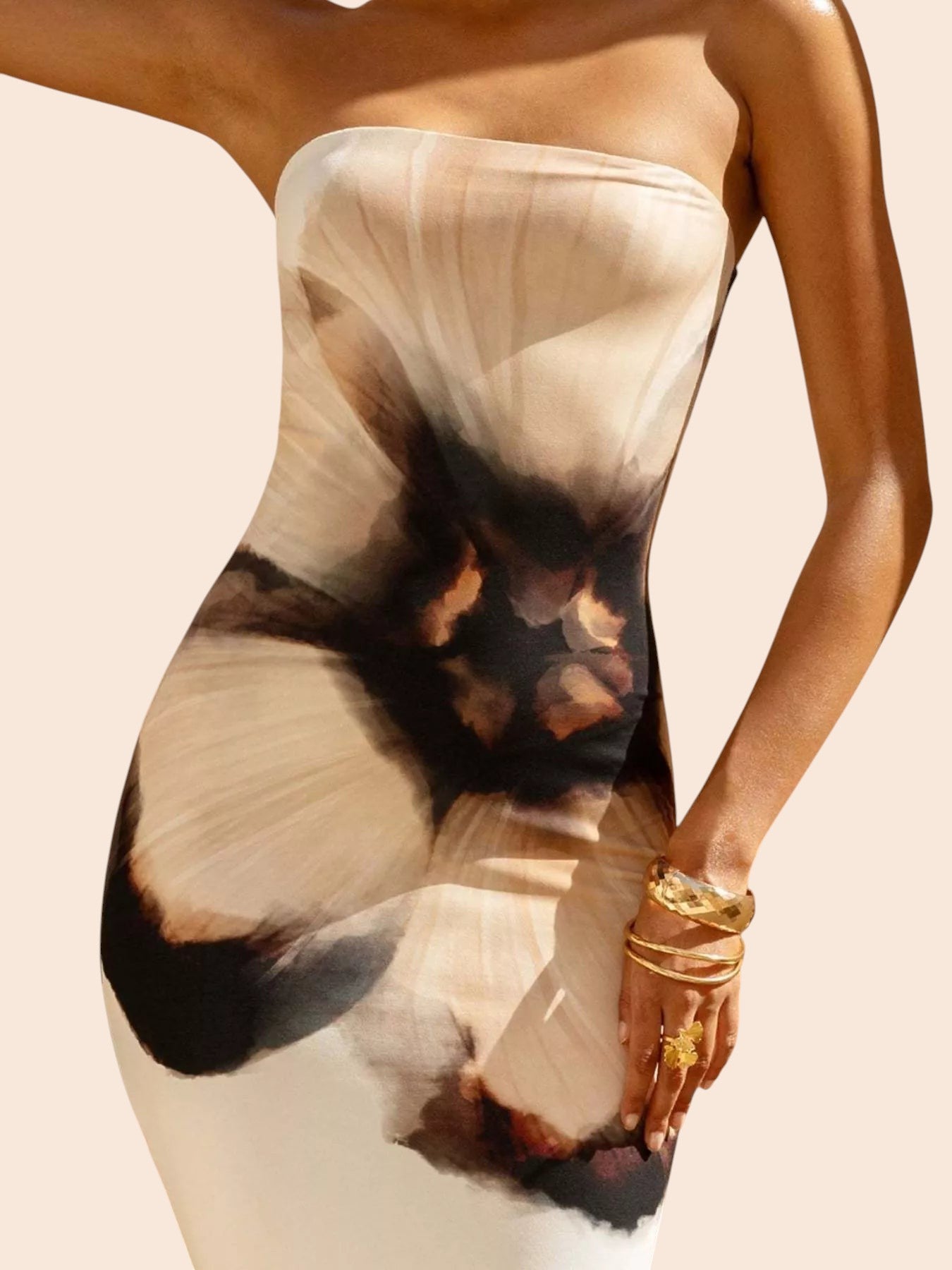 My Store strapless tube maxi dress featuring a bold abstract floral print in beige and black on a woman