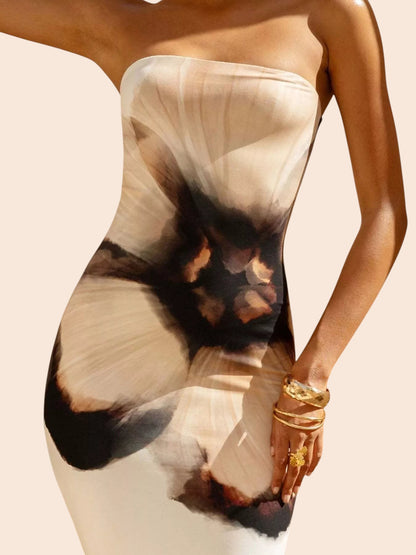 My Store strapless tube maxi dress featuring a bold abstract floral print in beige and black on a woman