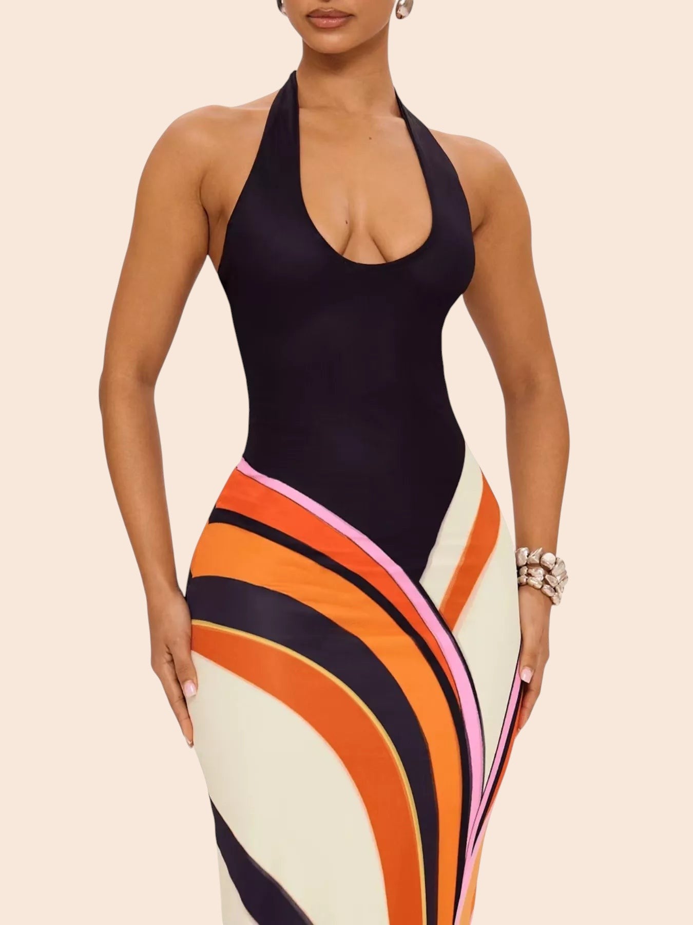 My Store abstract swirl print maxi dress with a black plunging halter neckline and curve-skimming floor-length skirt.
