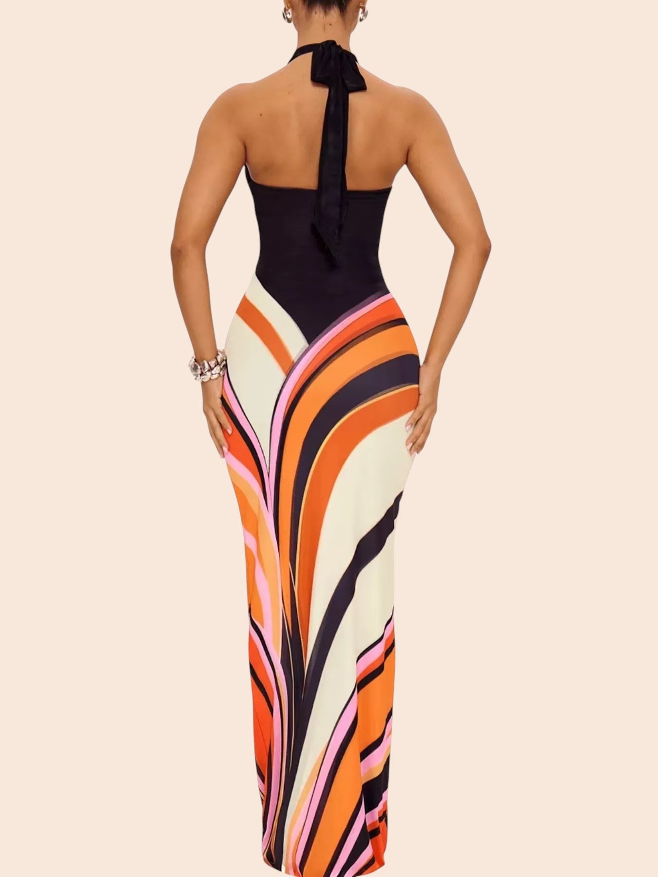 My Store abstract swirl print halter maxi dress with an open back and floor-length silhouette, rear view.