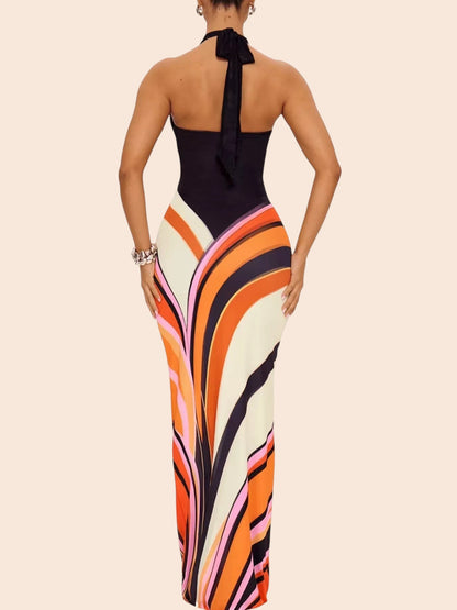 My Store abstract swirl print halter maxi dress with an open back and floor-length silhouette, rear view.