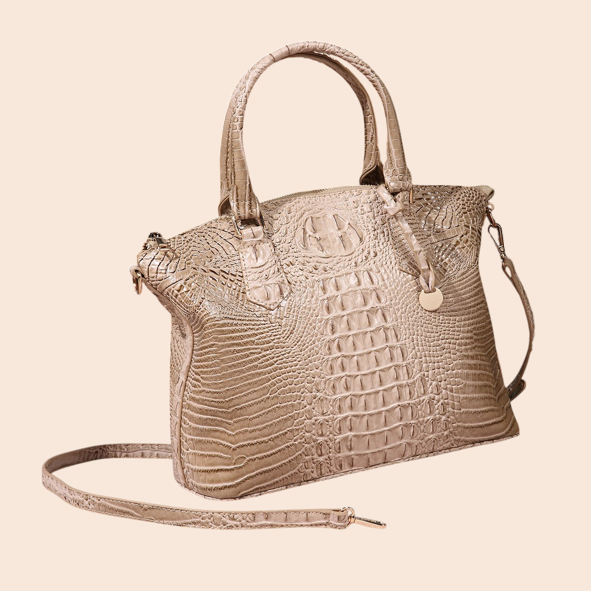 My Store Amara beige croc-embossed top handle handbag with a structured silhouette and detachable shoulder strap.