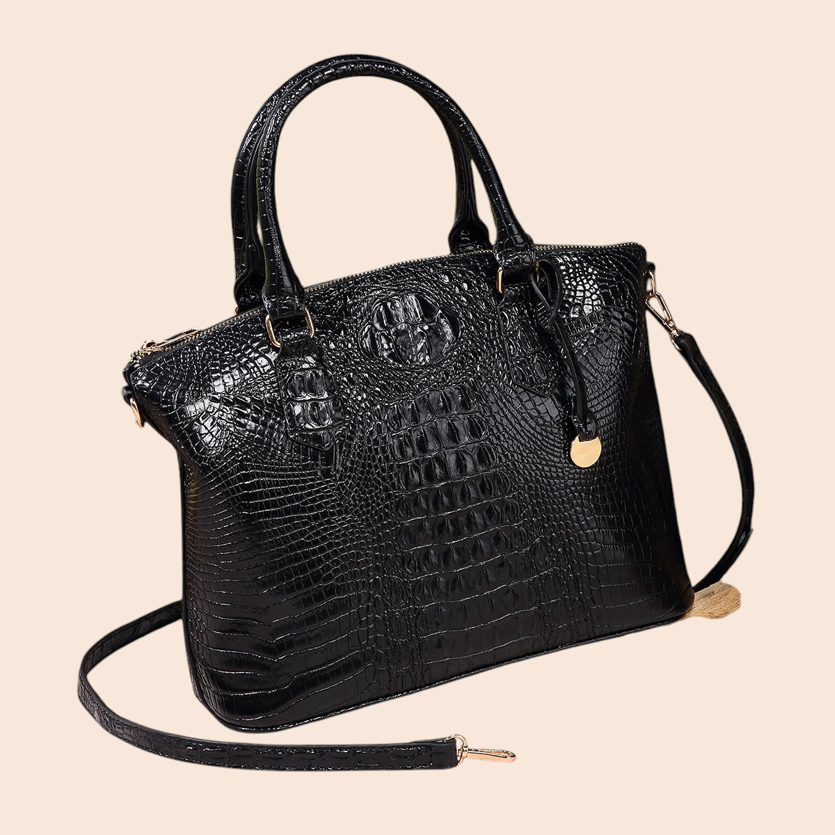 My Store Amara black crocodile-embossed top handle handbag with a detachable shoulder strap and gold hardware.