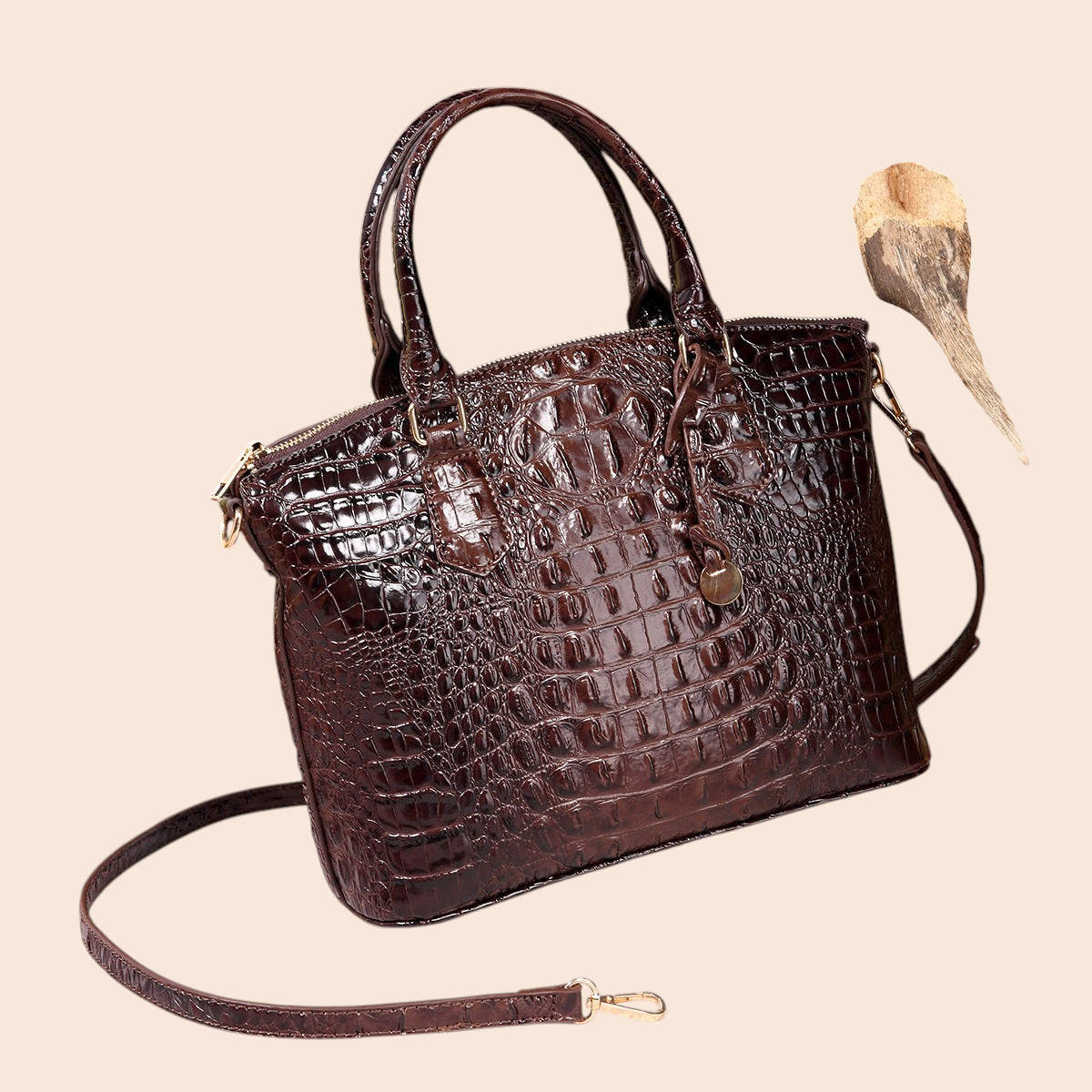 My Store Amara dark brown croc-embossed structured handbag with top handles and a detachable shoulder strap.