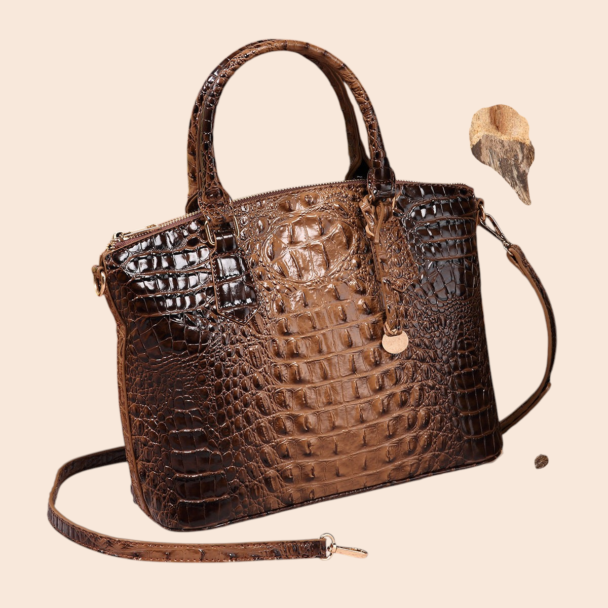 My Store Amara brown crocodile-embossed structured top handle handbag with a detachable shoulder strap.