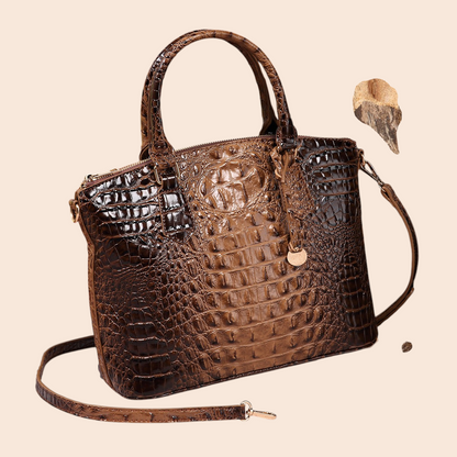 My Store Amara brown crocodile-embossed structured top handle handbag with a detachable shoulder strap.