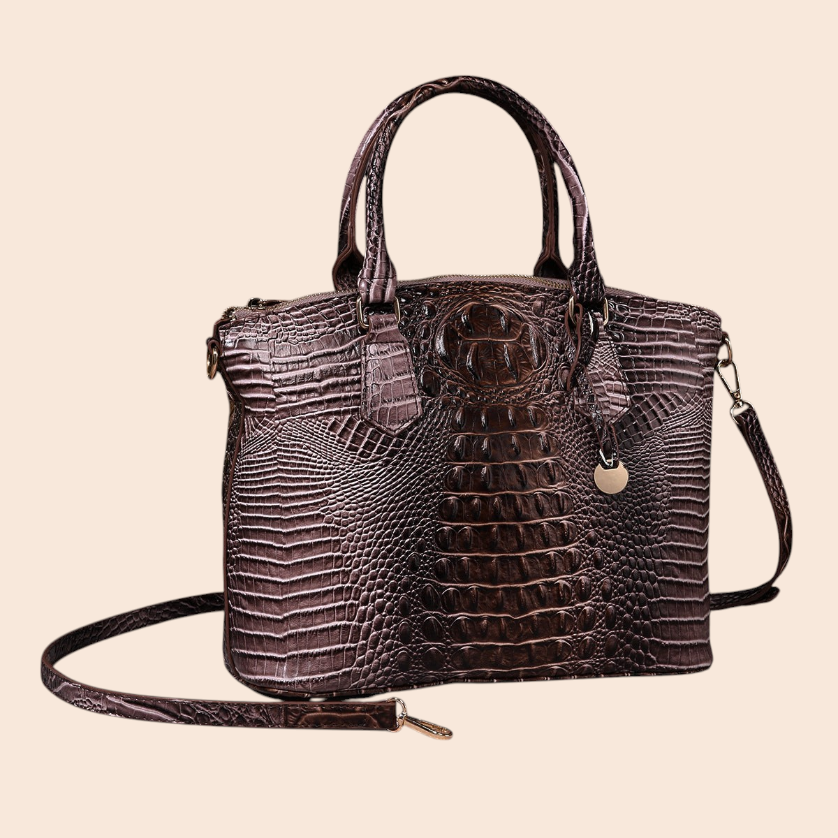 My Store Amara dark brown croc-embossed top handle handbag with a detachable shoulder strap and polished hardware.