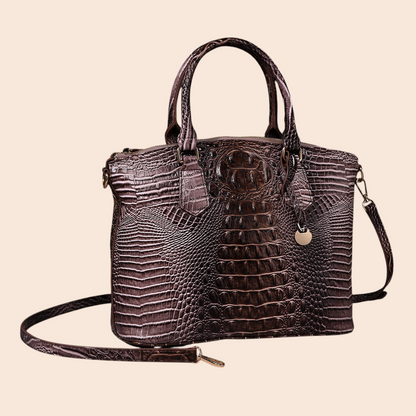 My Store Amara dark brown croc-embossed top handle handbag with a detachable shoulder strap and polished hardware.