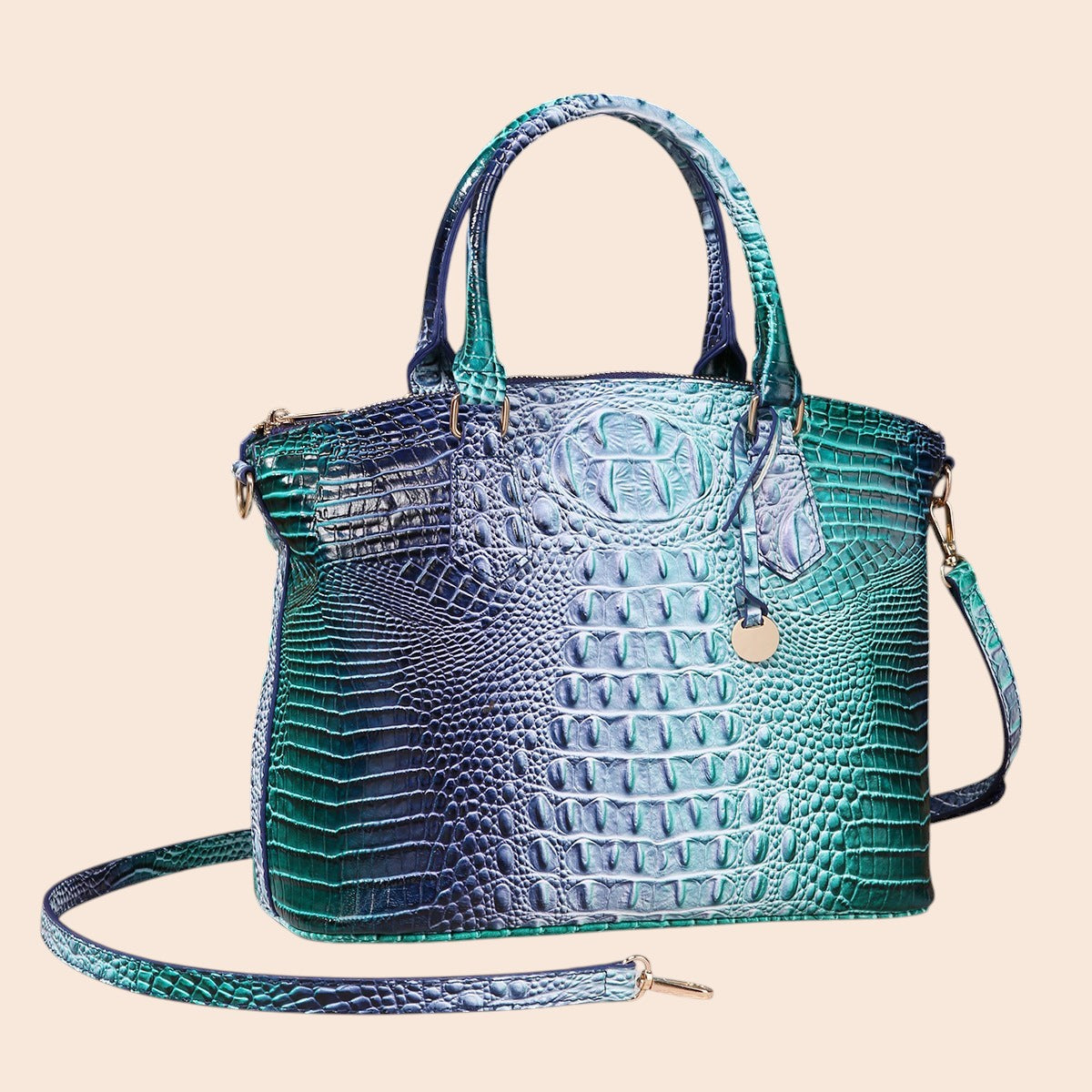 My Store Amara croc-embossed top handle handbag in a blue and green gradient with a detachable shoulder strap.